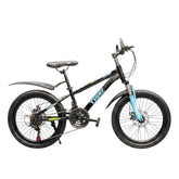 Fivebikes Store Tiger 20-inch kids mountain bike in black with blue front fork and 21-speed gear system