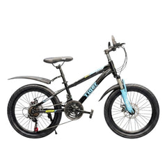 Fivebikes Store Tiger 20-inch kids mountain bike in black with blue front fork and 21-speed gear system