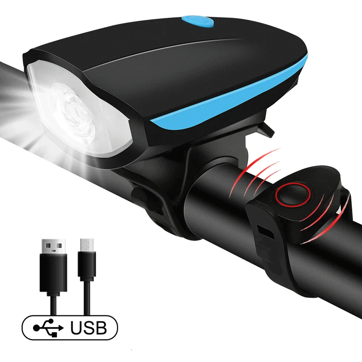 USB Bicycle Front Light Headlamp Night Light Torch With Bell Horn