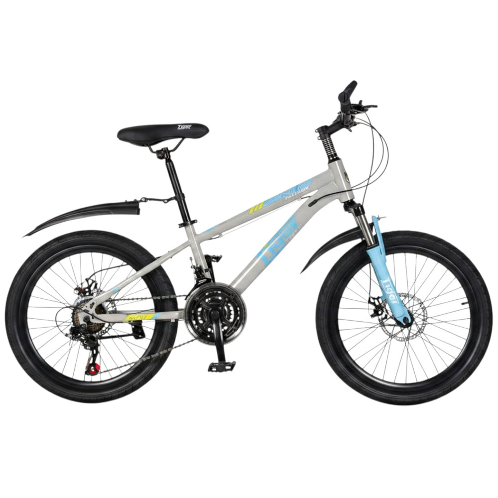 Fivebikes Store Tiger kids mountain bike with 20-inch wheels, grey frame, and blue front suspension fork.