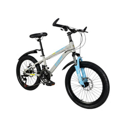 Fivebikes Store Tiger kids mountain bike with 20-inch wheels, 21-speed gears, and a grey and light blue frame.